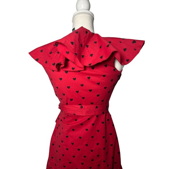 TARA SUBKOFF for Bebe Red Heart Print Ruffle Wrap Dress Size Small - Picture 4 of 7